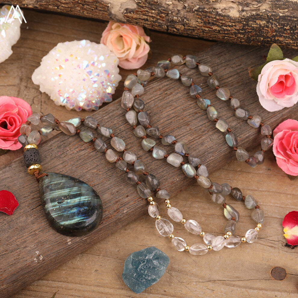 Natural Flash Labradorite Stone Drop Beads Pendant Labradorite Quartz Chip Beads Knot Necklace Jewelry For Women