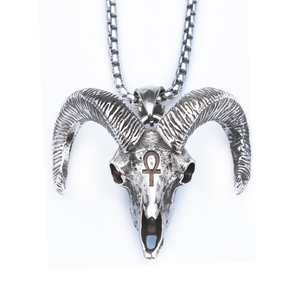 (Steel color, 50cm) Vintage Satan Skull Necklace Men's Punk Stainless Steel Goat Head Pendant Unique Biker Cross Amulet Jewelry