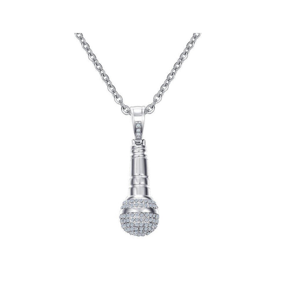 Gold-color Stainless Steel CZ Stone Hip Hop Microphone Necklace & Pendant for Men-Women