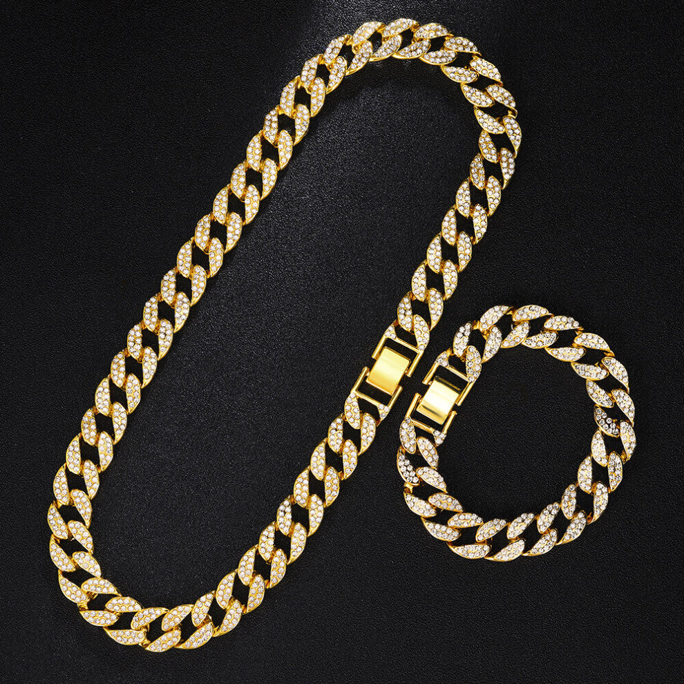 (White, 70cm) Necklace+Watch+Bracelet Hip Hop Rapper Men Cuban Chain Iced Out Paved Rhinestone Necklaces for Men's Jewelry Set