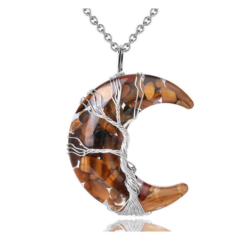 7 Chakras Tree of Life Necklace Wire Wrap Crescent Moons Crystal Pendants Chip Quartz Natural Stone Resin Stainless Steel G931