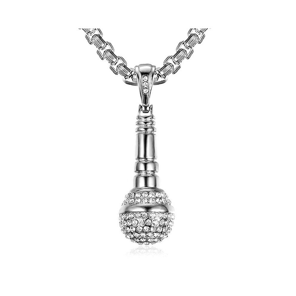 Personality Gold-Plated Microphone Necklace Man Woman Hip Hop Rock-Encrusted Microphone Pendant Accessories Party Jewelry
