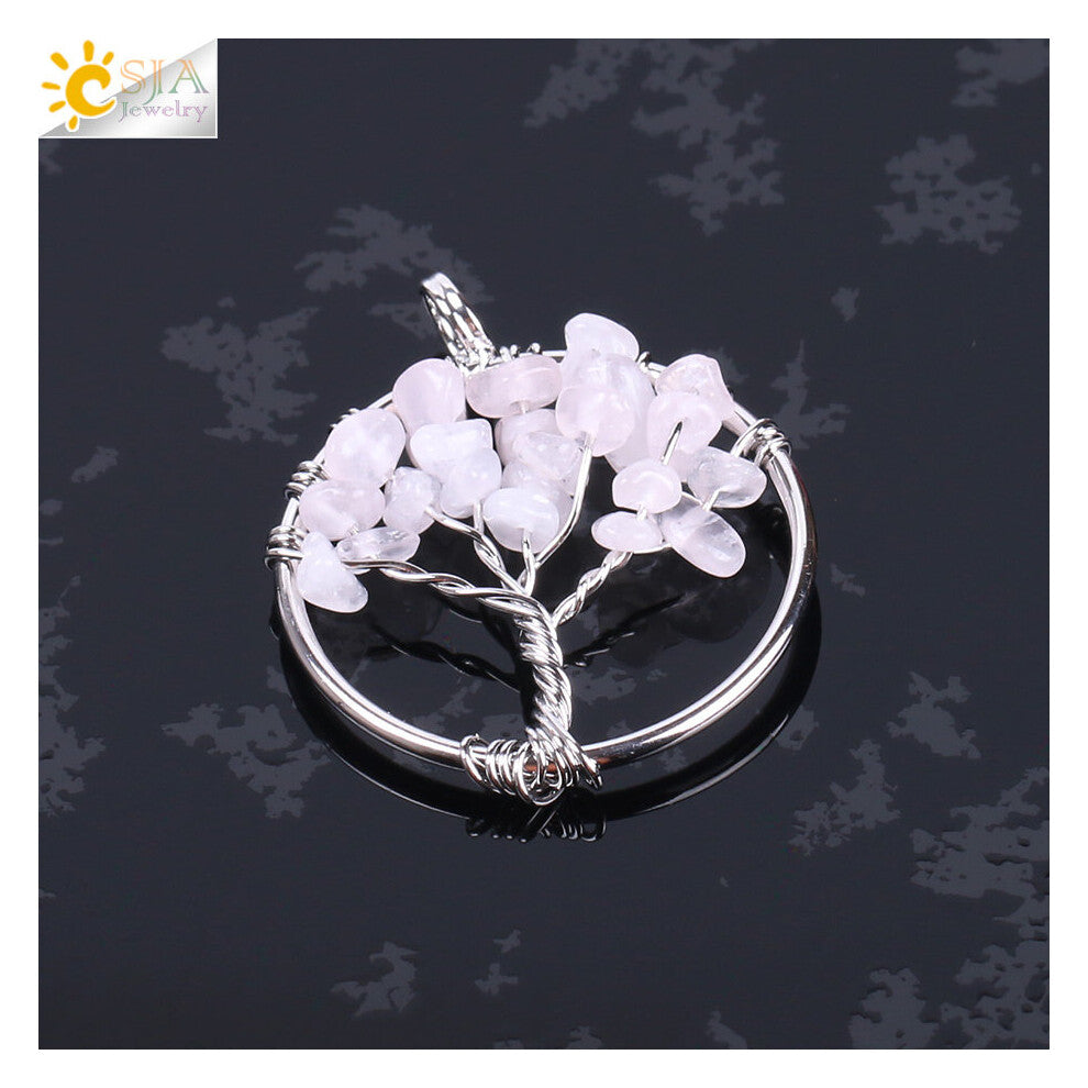 CSJA Tree of Life Necklace & Pendant Silver Crystal Natural Gem Stone Chip Beads 7 Chakra Wire Wrapped Women Jewelry F141