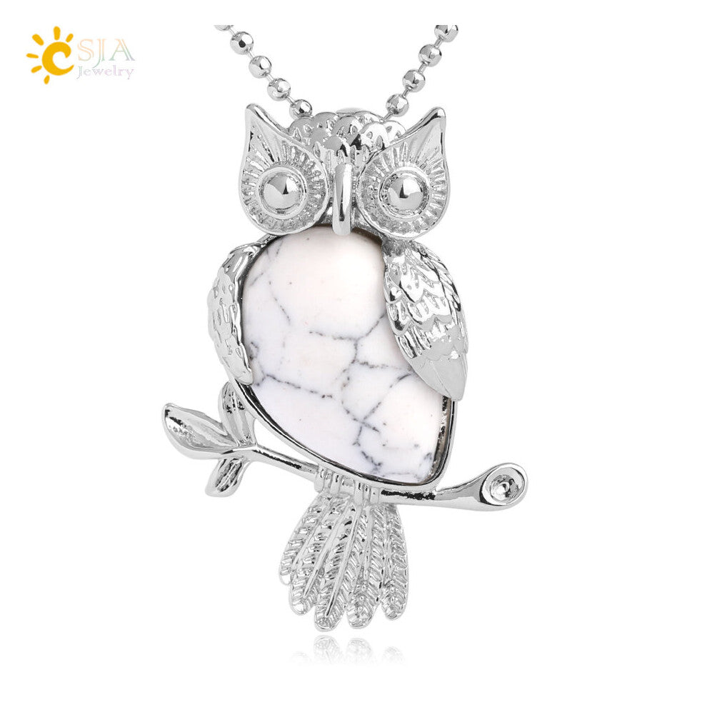 CSJA Water Drop Natural Stone Necklace & Pendants Owl Shape Pink Quartz Sodalite Crystal Charm Jewelry for Women Men G077