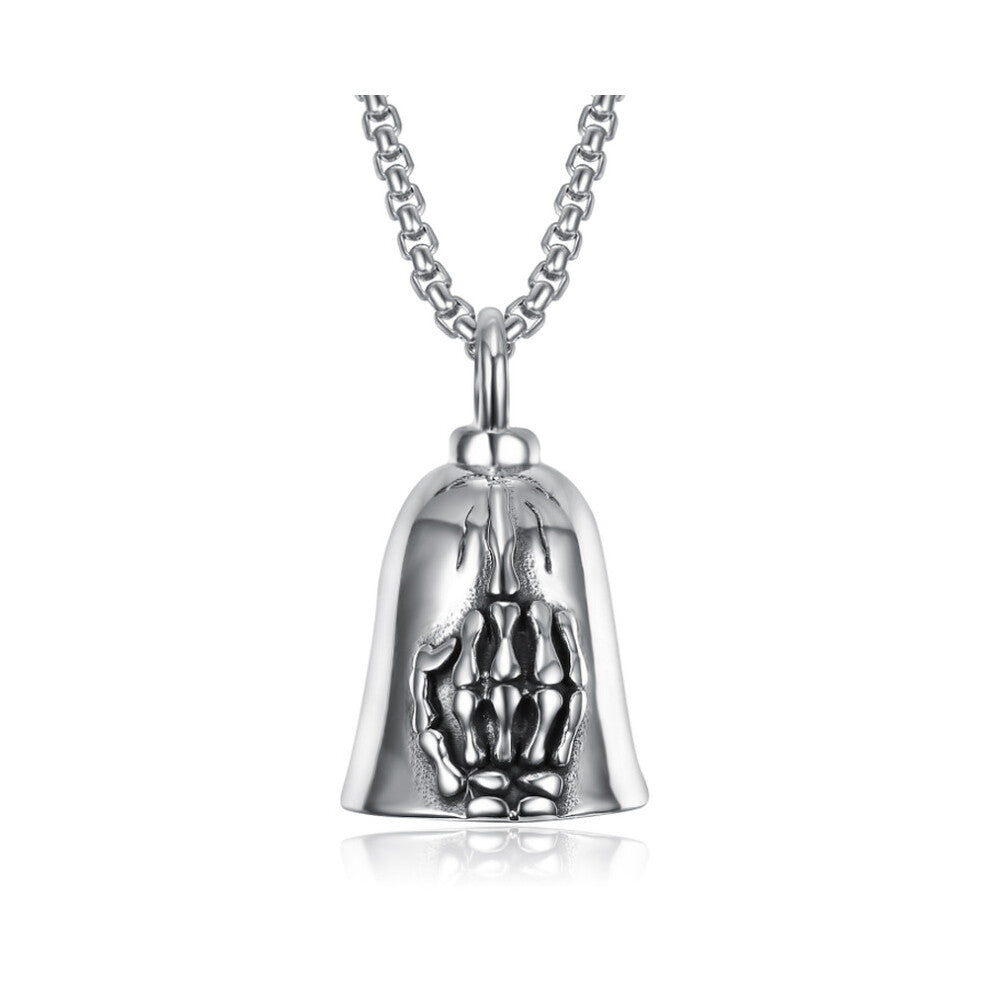 Personality Gothic Skull Bones Finger Bell Biker Skeleton Hand Bell Pendant Necklace for Men Keychain Jewelry Gift