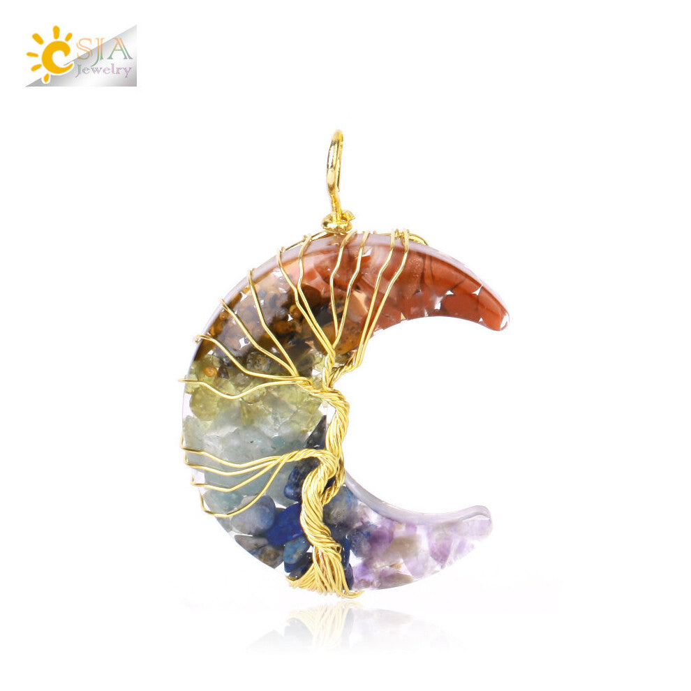 CSJA Natural Stone Tree of Life Pendant Necklace Resin Wire Wrap 7 Chakra Crystal Pendants Chip Quartz Stainless Steel Gift S946