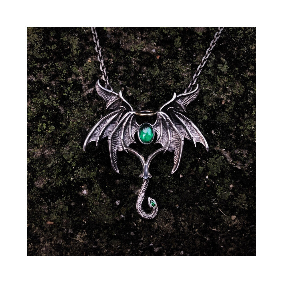 Creative Vintage Gothic Angel Demon Wings Green Stone Pendant Necklace Men Punk Biker Gothic Jewelry