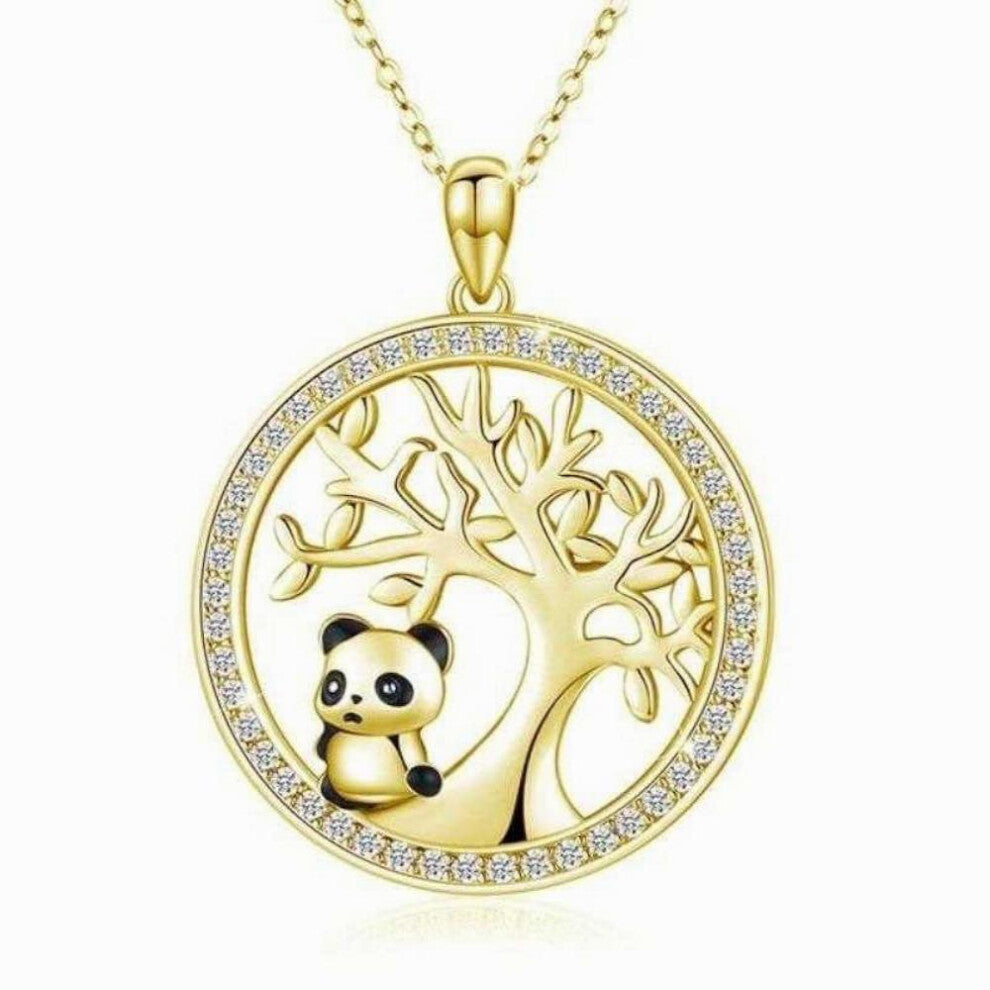 Cubic Zirconia Tree Of Life Panda Pendant Necklace, Panda, Pendant, Dollar Necklace(Gold)