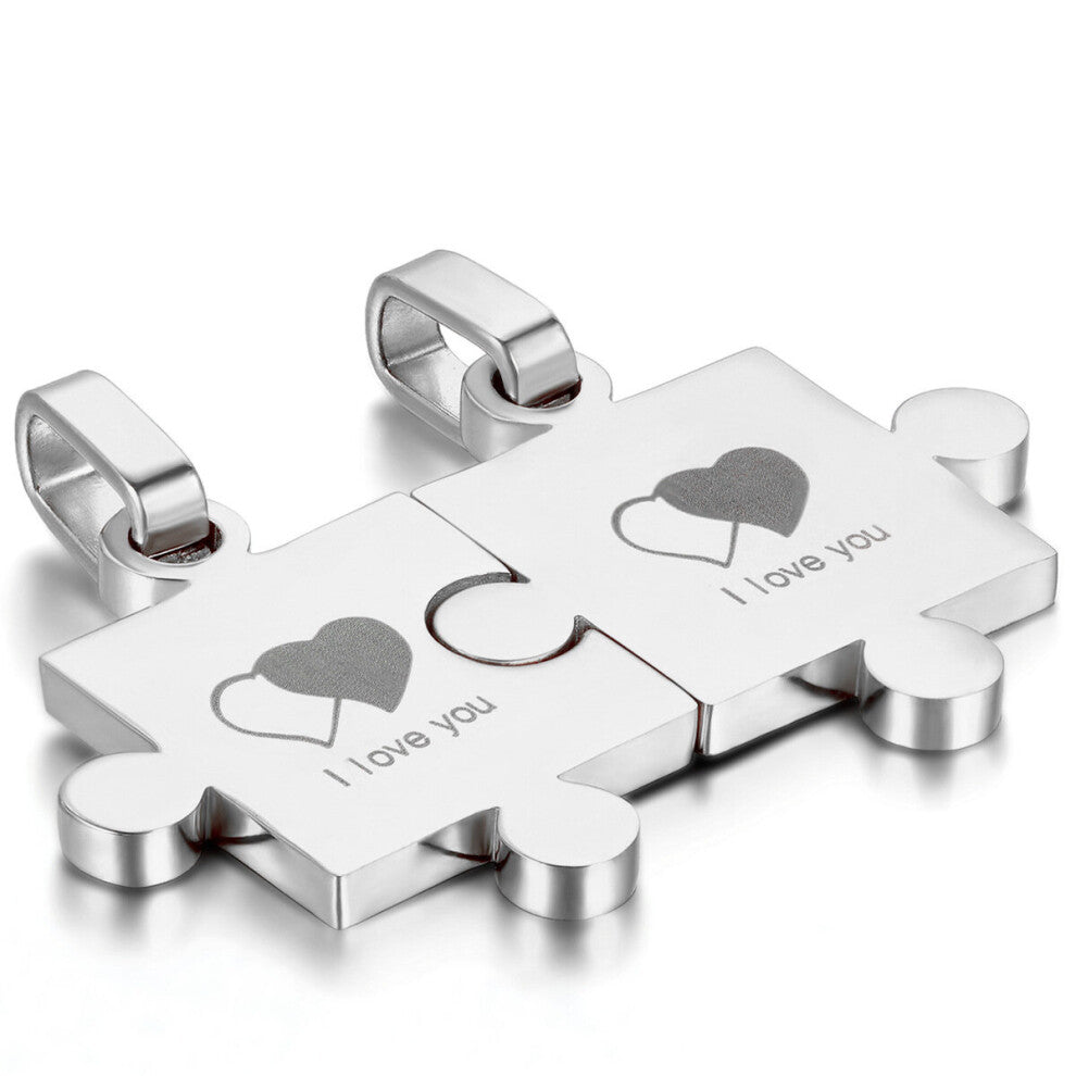 2Pcs- Men and Women Personality Creative Stainless Steel Couple Love Puzzle Necklace Lover Jewelry Pendant
