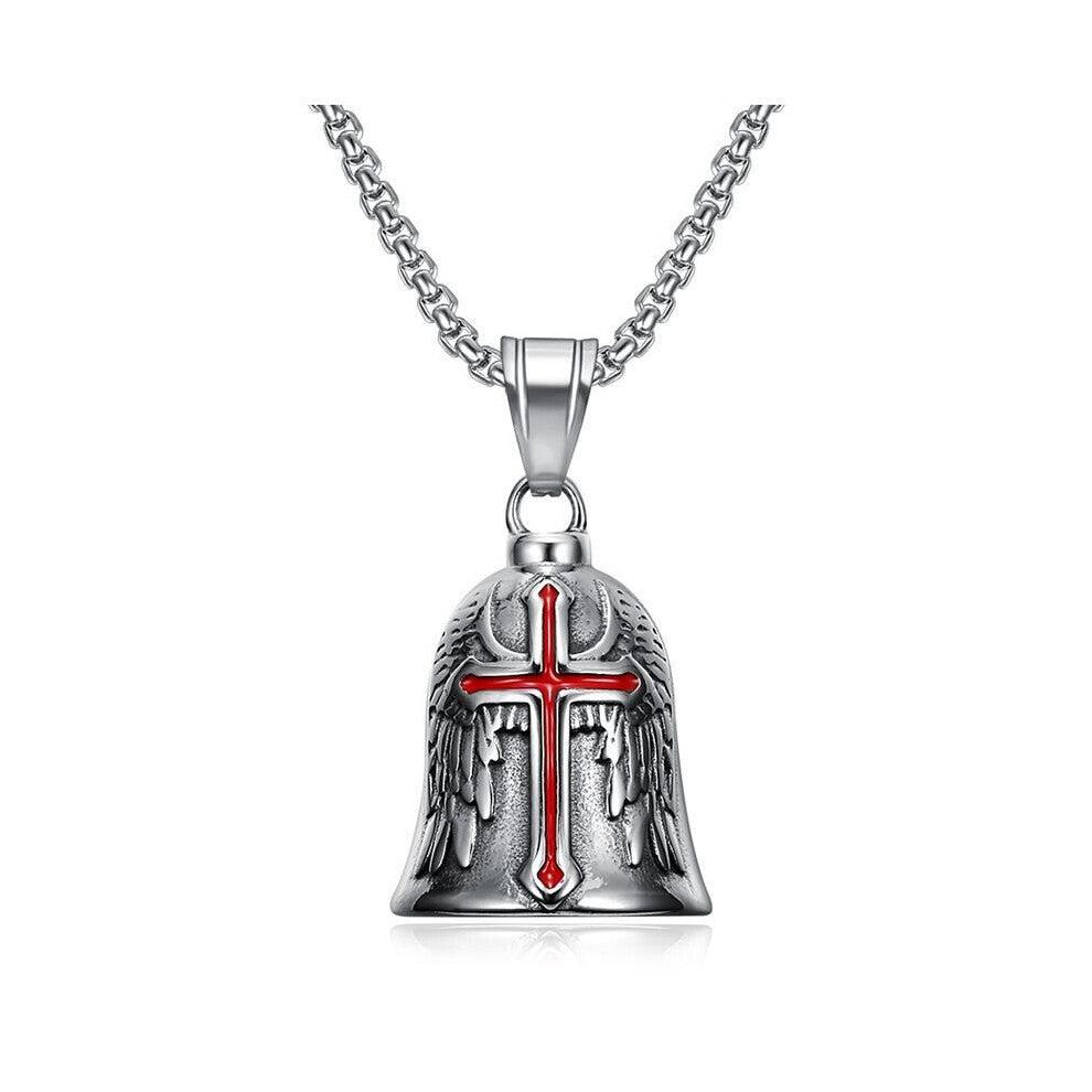 Biker Bell Pendant Carved Red Cross Silver Plated Wings Motorcycle Bell Necklace Men's Lucky Amulet Jewelry