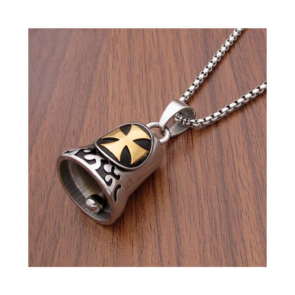 Creative Vintage Flame Cross Carved Metal Bell Pendant Necklace Men's Rock Punk Biker Jewelry