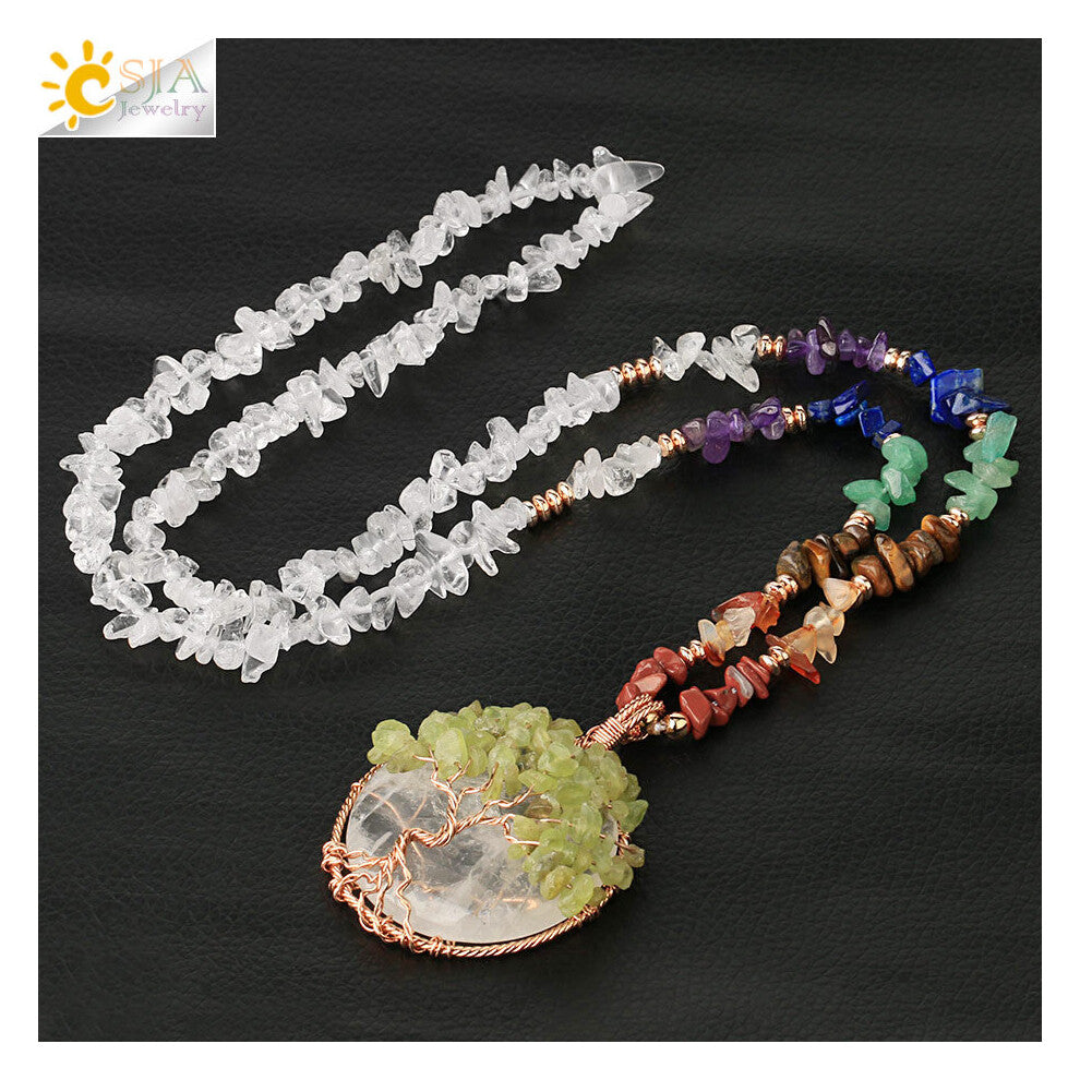 CSJA Natural Chips Stone Reiki Chakra Long Necklaces Tree of Life Wire Wrap Pendants for Women Men Jewelry G378