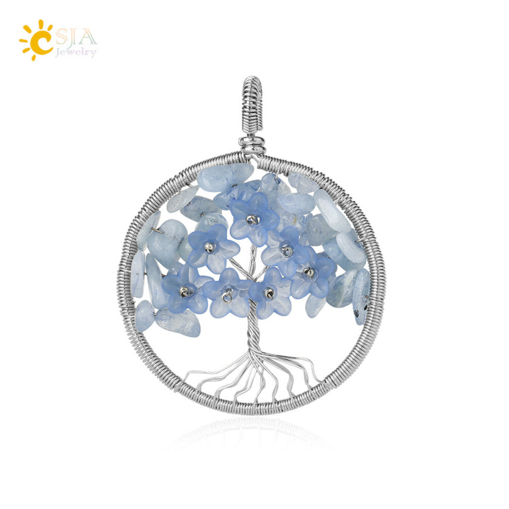 CSJA Tree of Life Pendant Necklace Natural Stone Silver Wire Wrap Quartz Crystal Chip Bead Flower Reiki Jewelry Women G306