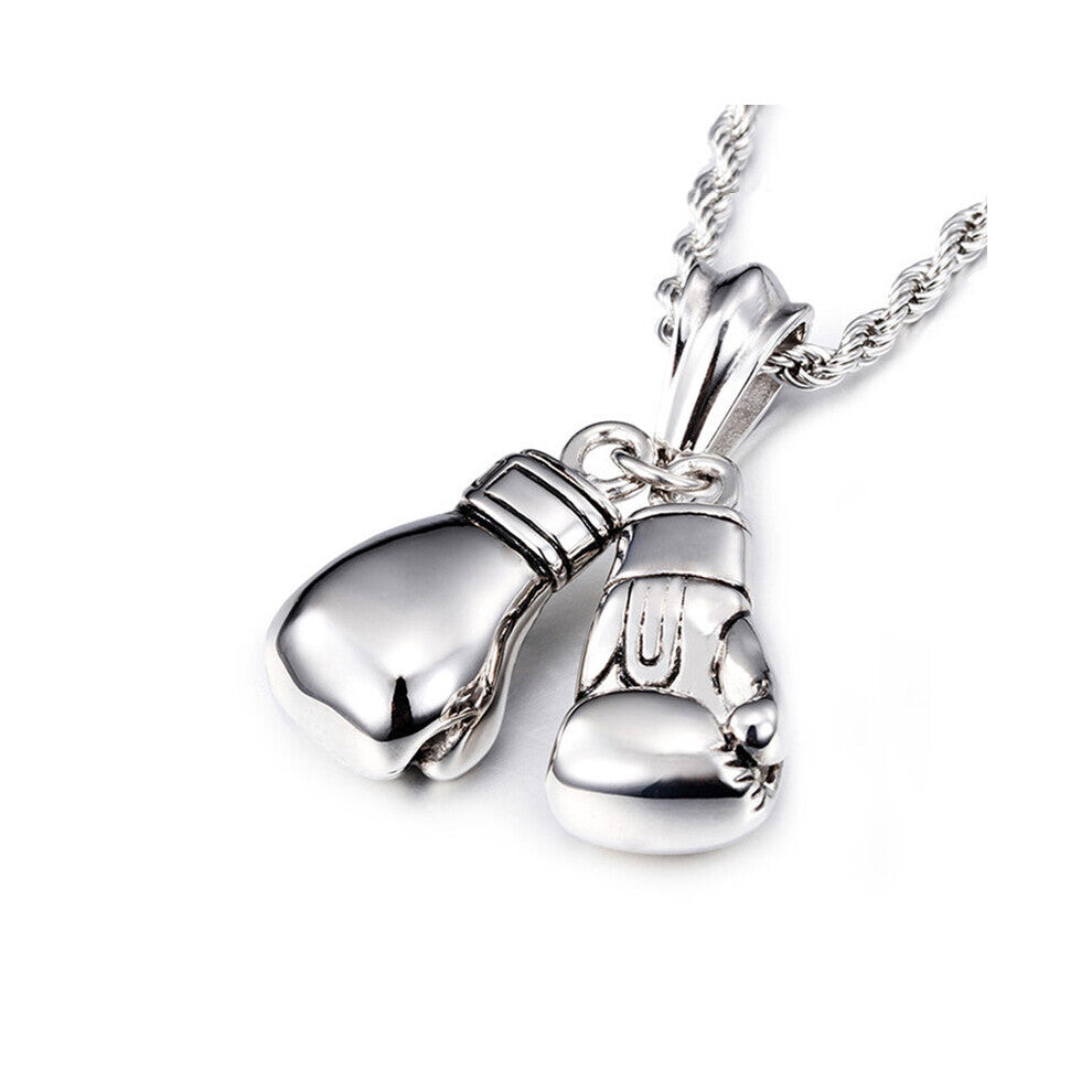 (Light Yellow Gold Color, 45cm) HaoYi Stainless Steel Boxing Gloves Pendant Necklace For Men Silver Sports Jewelry Accessories