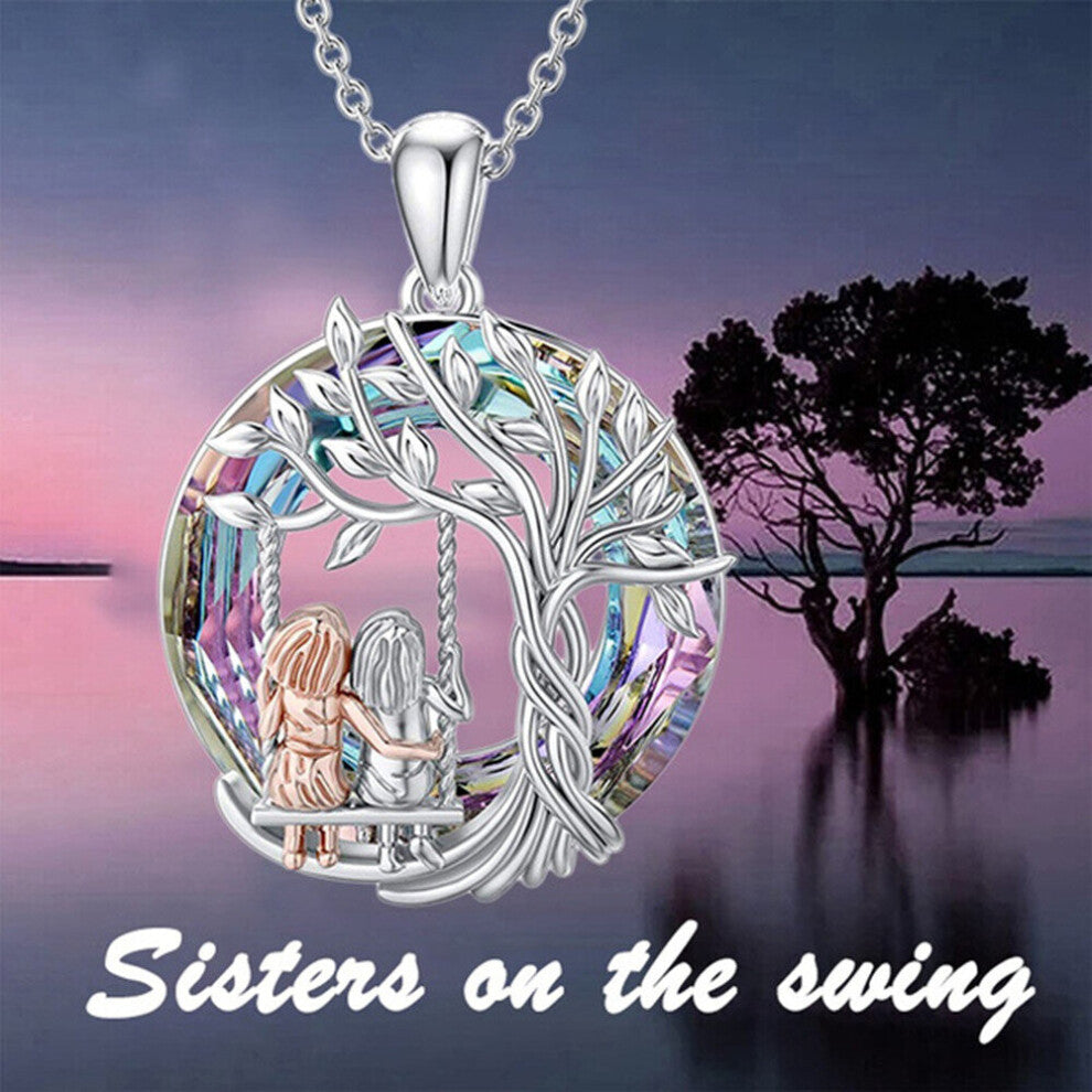 Tree of Life Sisters on The Swing Necklace for Women Family Sisters Birthday Crystal Pendant Valentines Gift Jewelry
