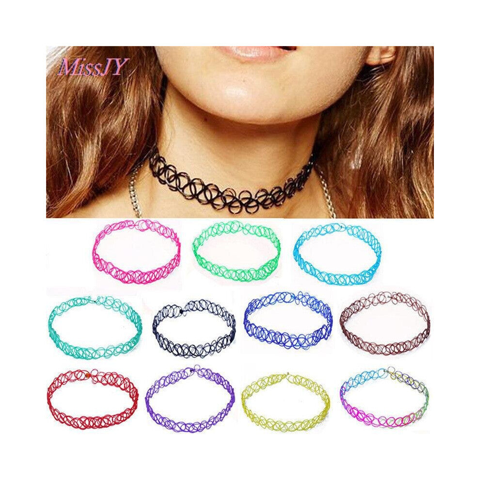 12 Pcs-pack 12 colors Tattoo rainbow chokers Necklace Vintage Stretch Quarz Elastic Henna Gothic Punk Elastic Women jewelry