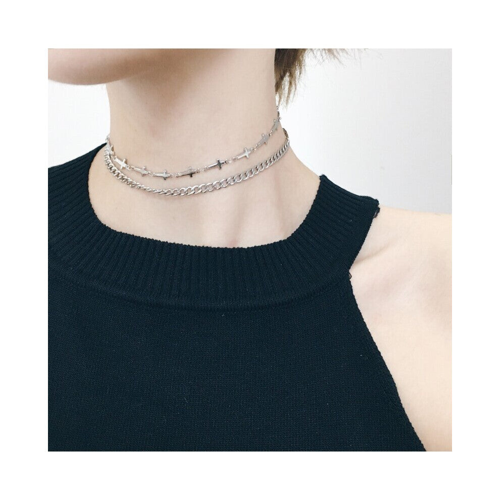 Double Layer Silver Chain Cross Collar Chokers Titanium Steel Clavicle Chain Neck Jewelry Colliers kolye For Women