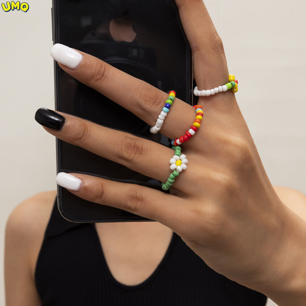European Stylebohemian Holiday Style Colorful Rice Bead Ring Set Female Daisy Flower Ring Braceletgifts for Women