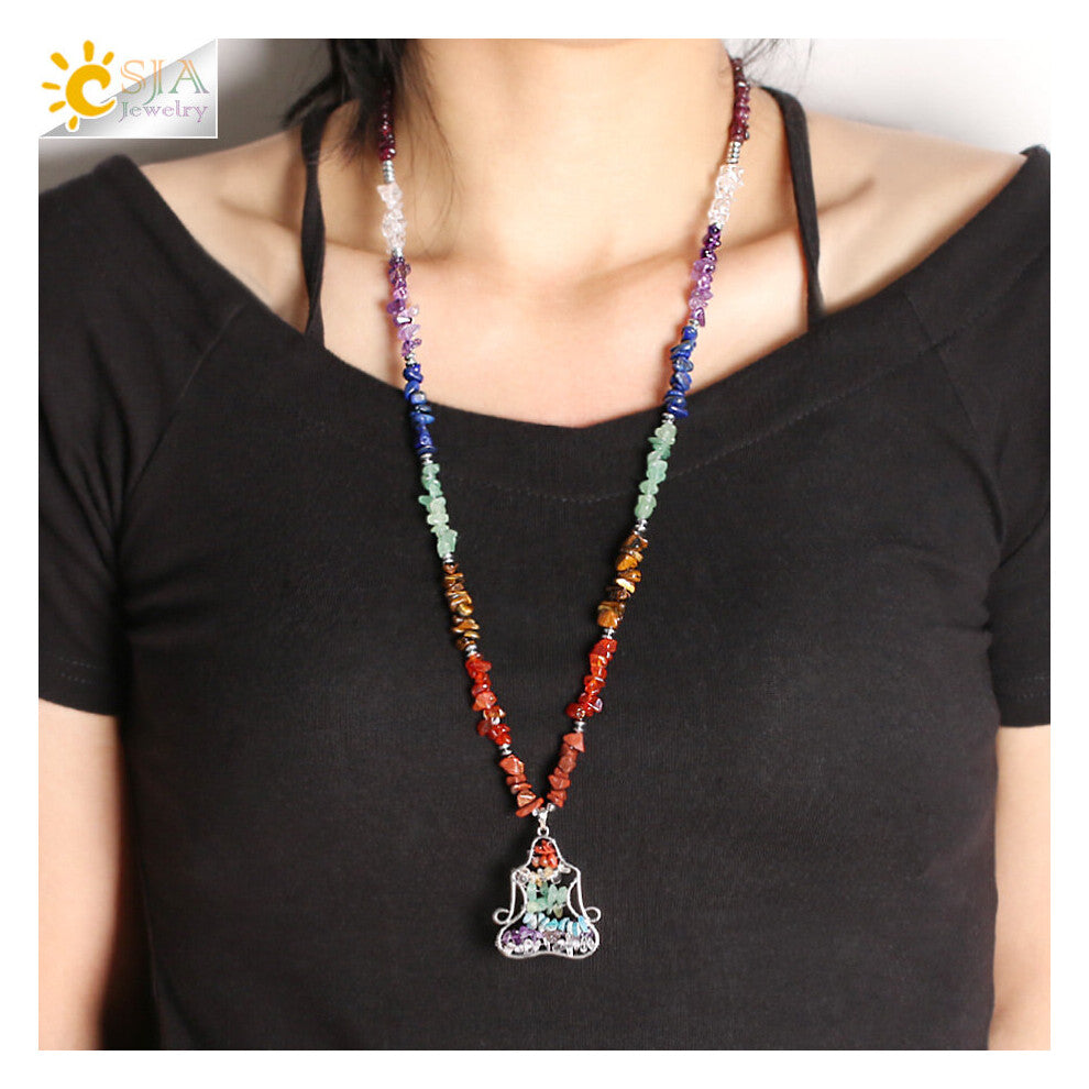 CSJA Healing Yoga 7 Chakras Beads Pendants Long Necklaces Women Natural Stone Chip Statement Necklace Chain Reiki Jewellery S407