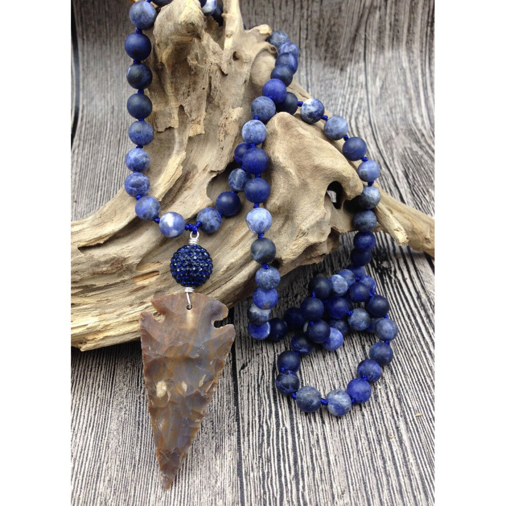 YA2654 Natural Stone Arrow Pendant Crystal Ball Sodalite Stone 8mm Beads Knot Necklace 30inch long