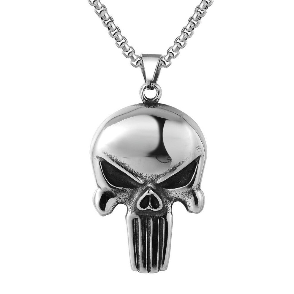 (Black) Gothic Punisher Skull Pendant Necklace Men's Chain Punk Hip Hop Stainless Steel Skull Biker Necklace Jewelry Gift