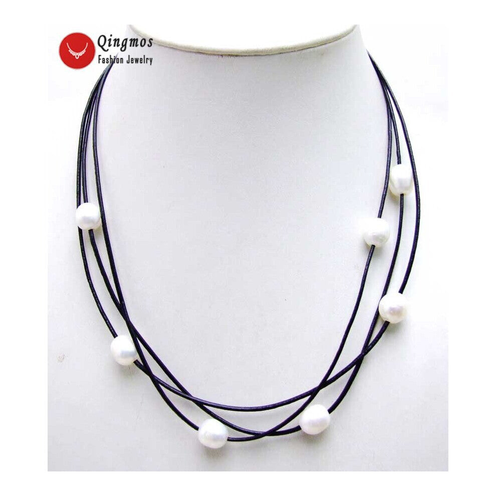 Qingmos Natural Pearl Necklace for Women with Rice 10-11mm Pearl Pendant Necklace Leather 3 Strands Chokers Necklace 5939