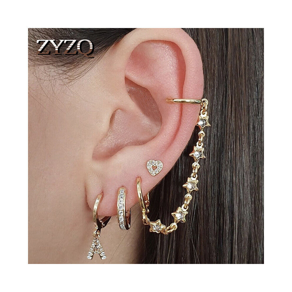 Sweet Double Love Hoops Tassel Chain Heart for Women CZ Crystal Ear Cuff Cartilage Earrings Set Female Brincos