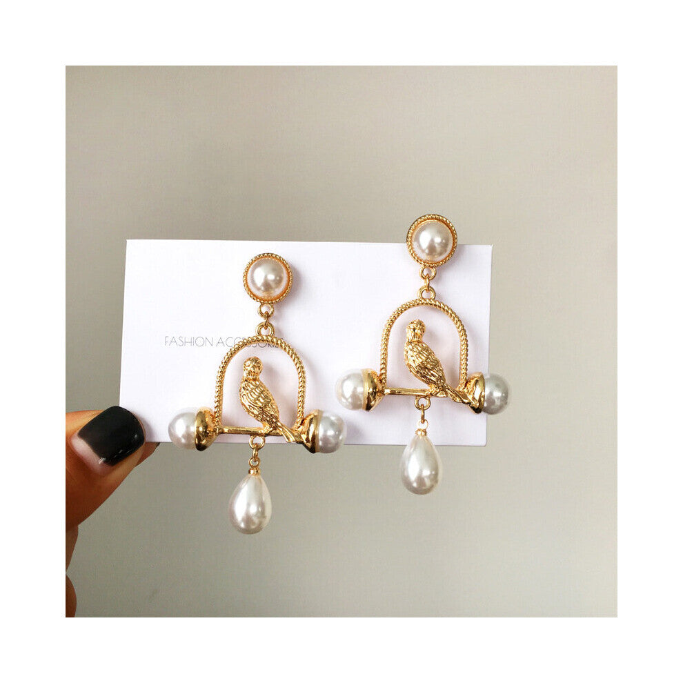 French Statement Palace Bird In Cage Clip on Earrings No Piercing Vintage Baroque Pearl Bird Clip Earrings No Hole