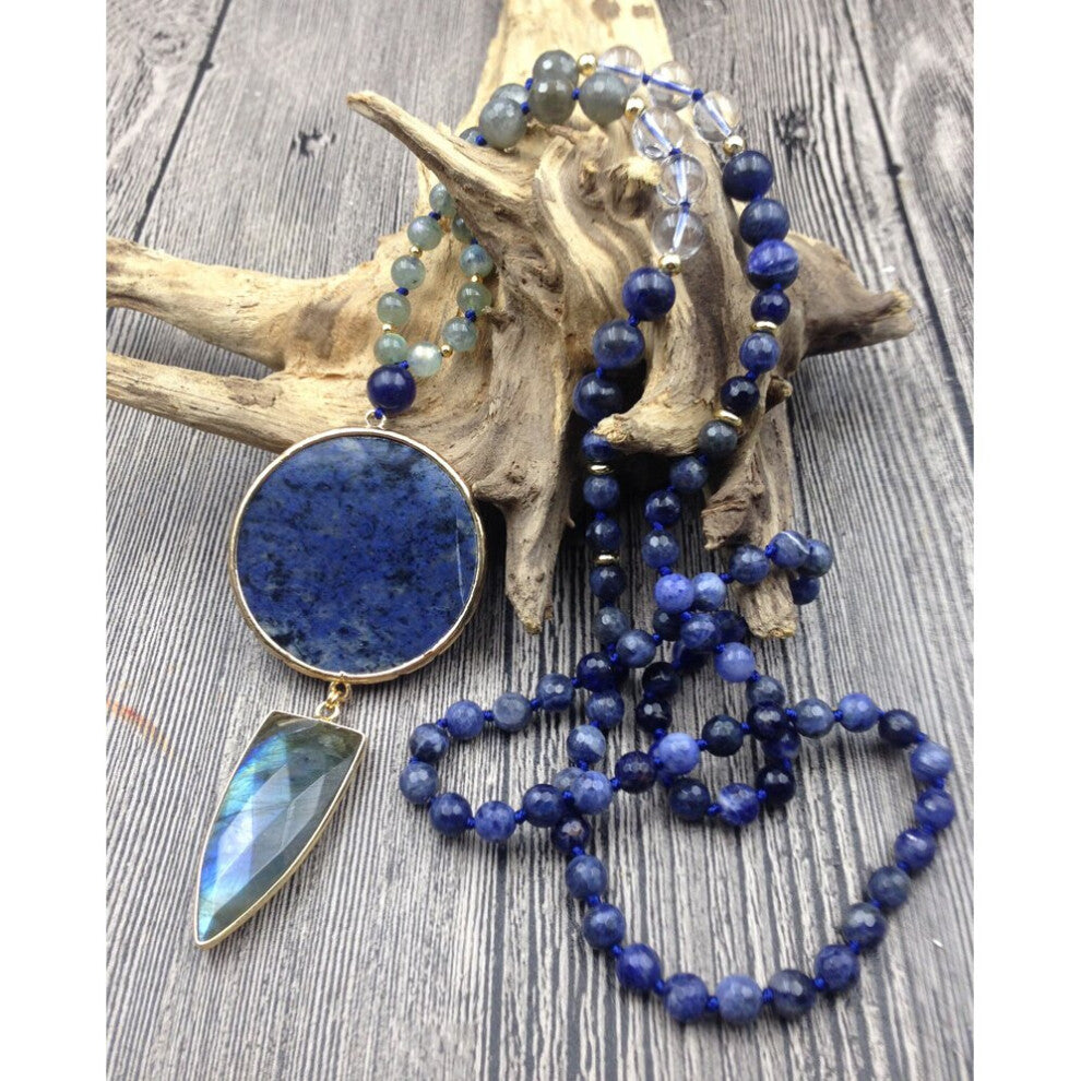 YA2786 Sodalite Labradorite Pendant Stone Sodalite Quartz Beads Knot Necklace