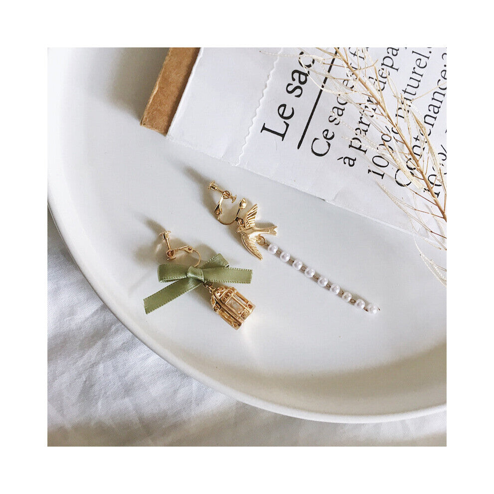 Personality Jewelry Asymmetric Bow Bird Cage Clip Earrings Women Girl's Pearl Tassel Accessories