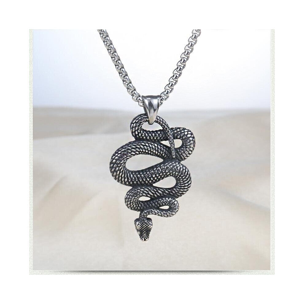 Gothic Silver Snake Pendant Necklace for Men Punk Rock Biker Jewelry Gift
