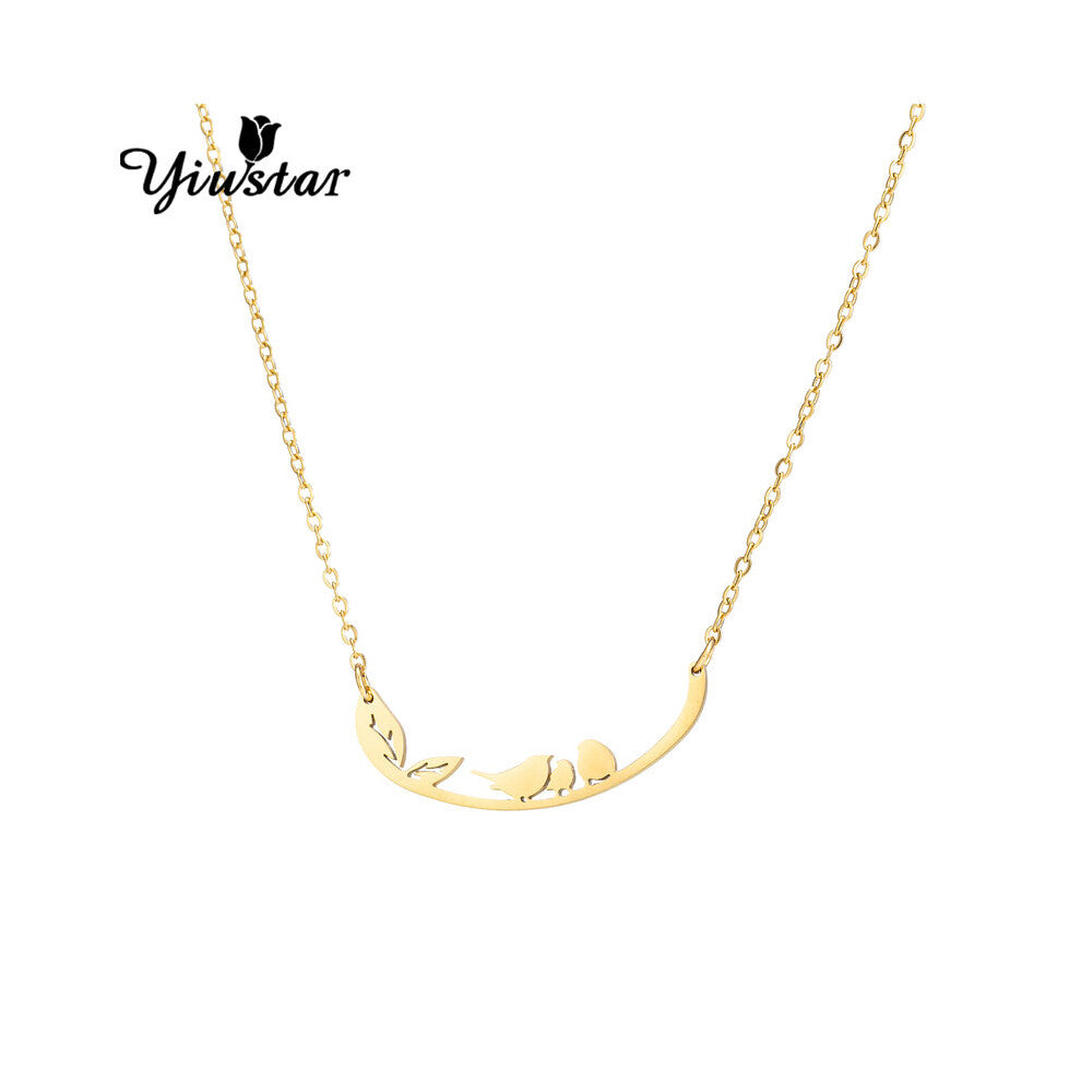 Yiustar Glaze Leaves Branch 3 Birds Necklace Animal Pendants Family Chokers Stainless Steel Punk Jewelry for Mother Birthday Gif