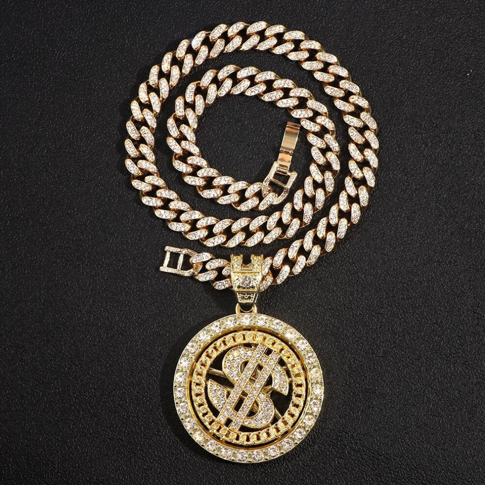 Men Hip Hop Bling Crystal Rotatable Dollar Pendant Necklace Iced Out 56CM Rhinestone Cuban Chain Necklaces Punk Jewelry