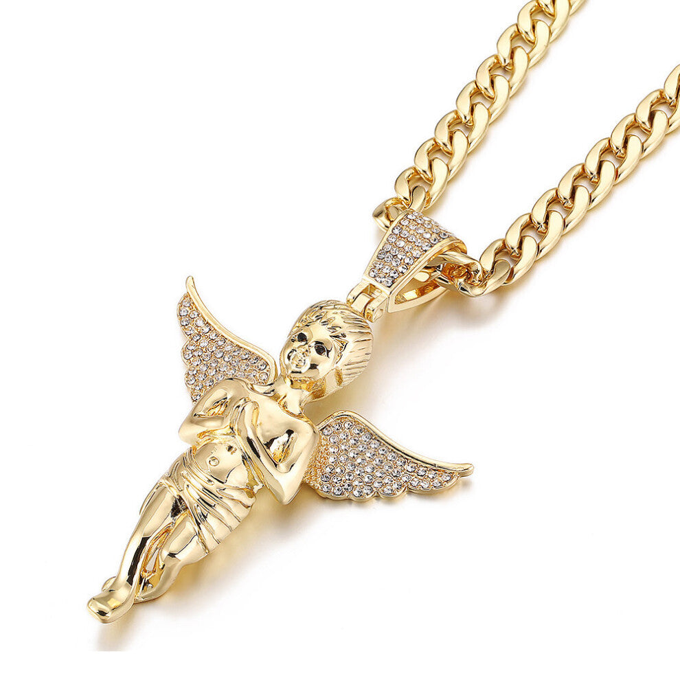 (Gold-color, 40cm) Praying Wings Angel Necklace&Pendant Iced Out Crystal Charm Chain Necklace For Men Hip Hop Jewelry Gift