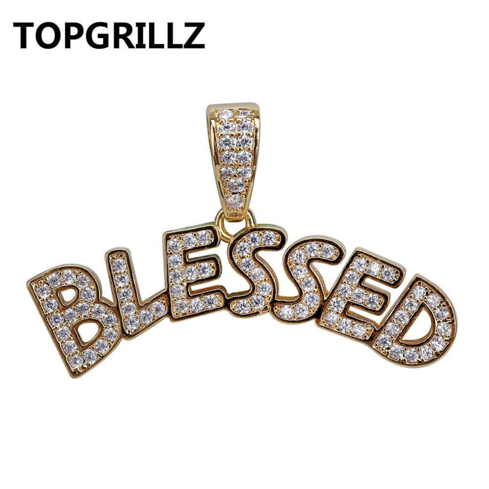 (Green, 45cm) Bubble Letters BLESSED Pendant Necklace Men Women Hip Hop Silver Iced Out Cubic Zircon Jewelry Necklace