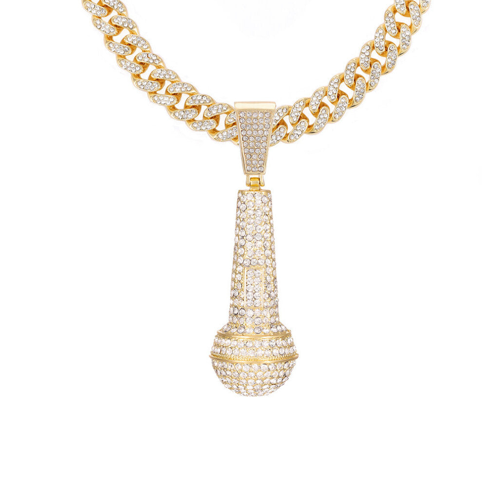 (Light Yellow Gold Color, 70cm) Hip Hop Iced Out Bling Microphone Pendants Necklace For Men 13MM Cuban Link Chain Hiphop Rapper Jewelry Necklace Gift