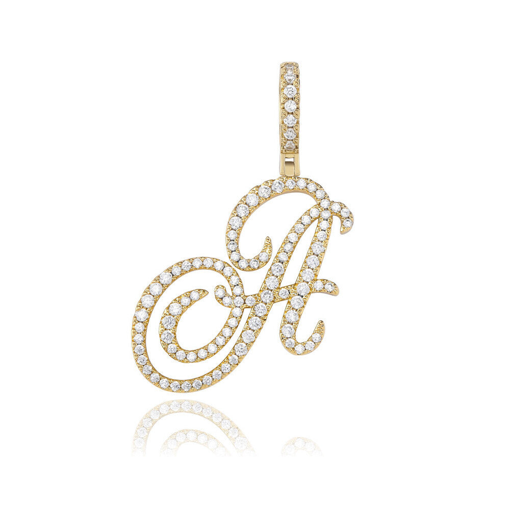 (Green, 70cm) A-Z Cursive Letters Name Pendant&Necklace Iced Out Cubic Zircon Silver Charm Hip Hop Jewelry