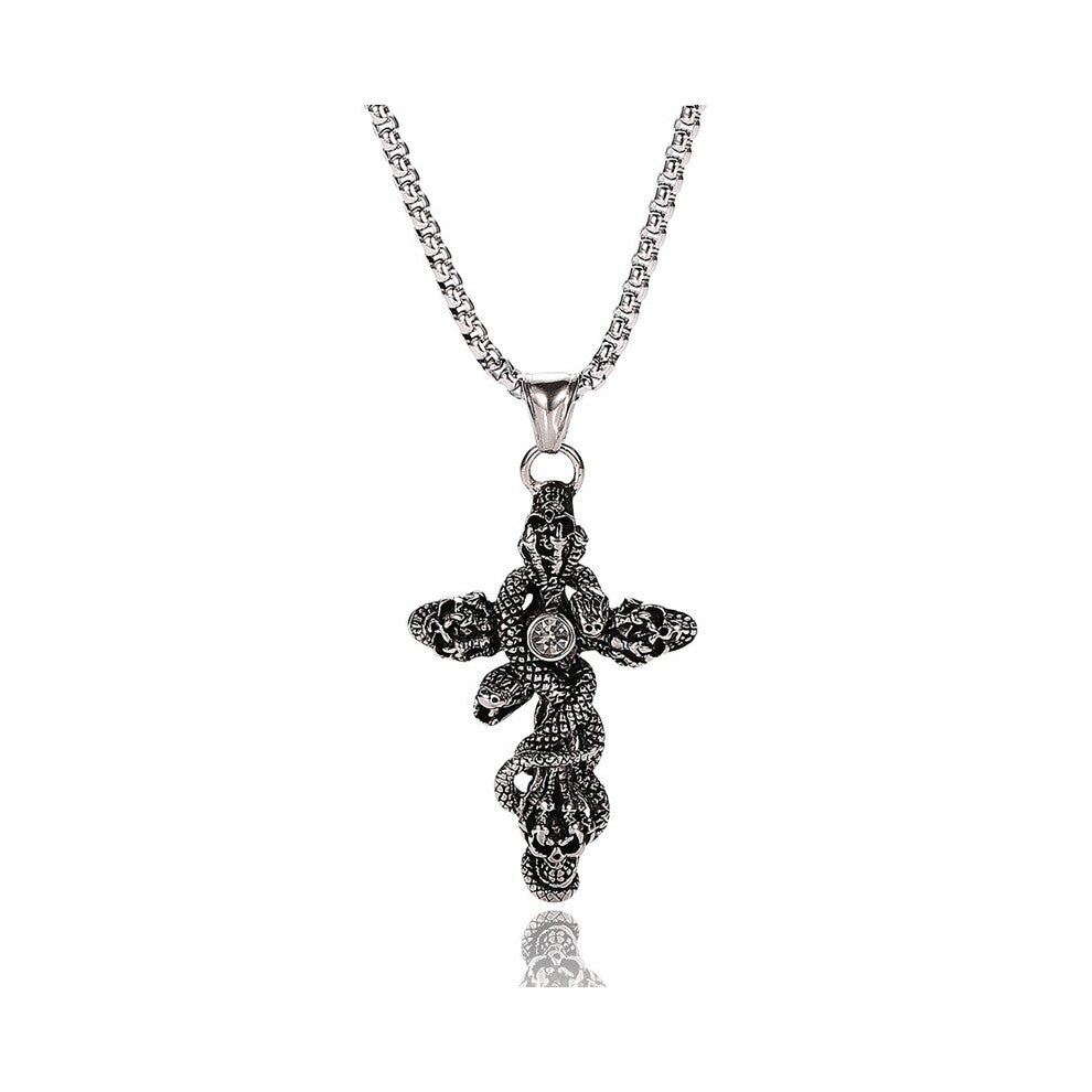 FORTAFY Biker Stainless Steel Snake Skull Cross Pendant Men's Necklace Gothic Jewelry FRGL0019