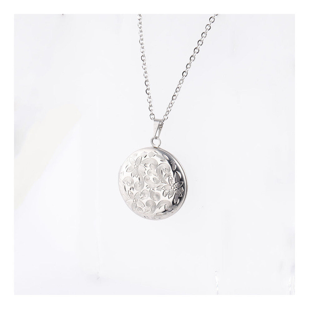 Fnixtar 10Pcs-Lot Flower Pattern Round Photo Frame Pendant Necklaces Mirror Polish Stainless Steel Memorial Locket Necklaces