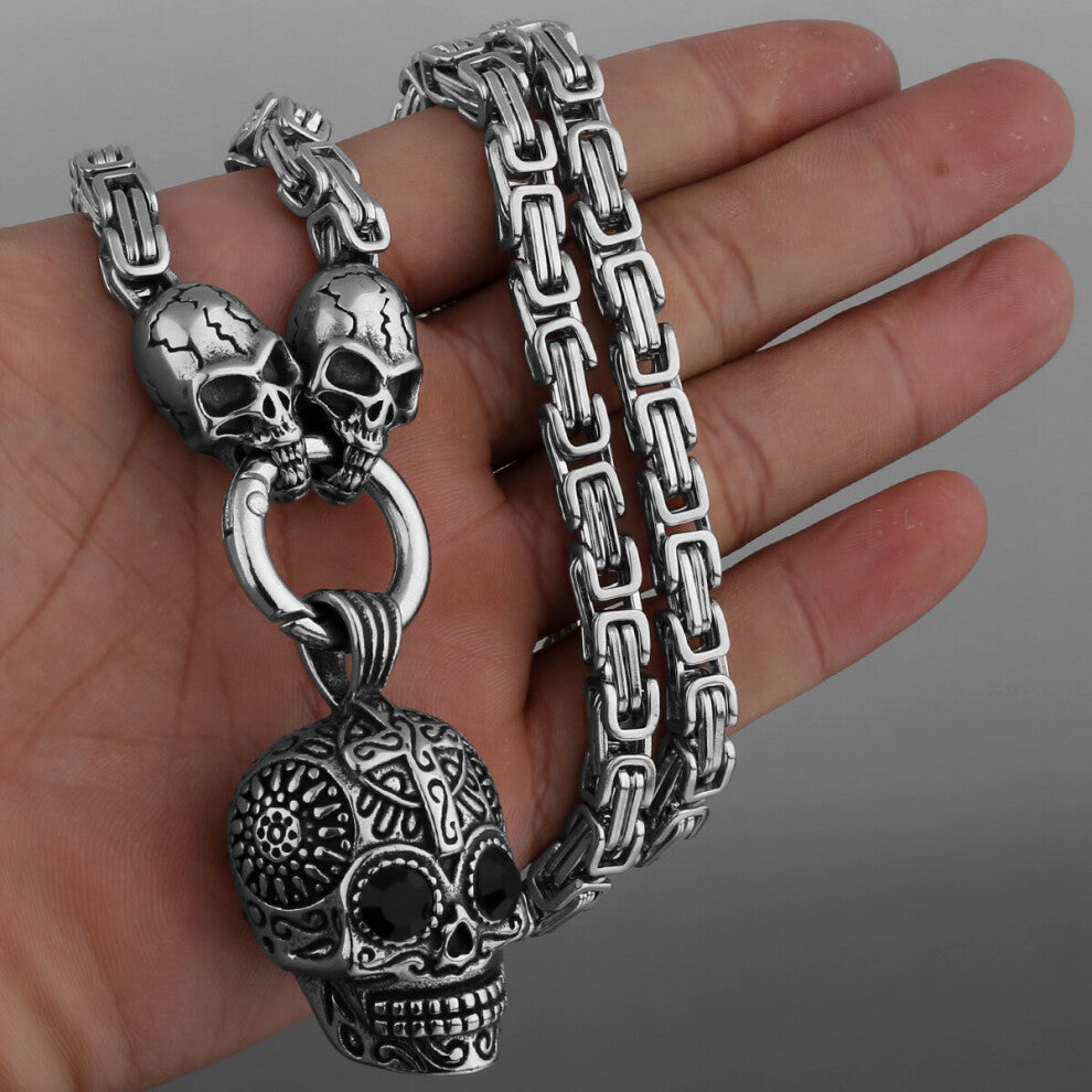 (Light Yellow Gold Color, 70cm) Vintage Skull Men's Pendant Ghost Head Necklace Charm Biker Necklace Jewelry Boyfriend Stainless Steel Jewelry