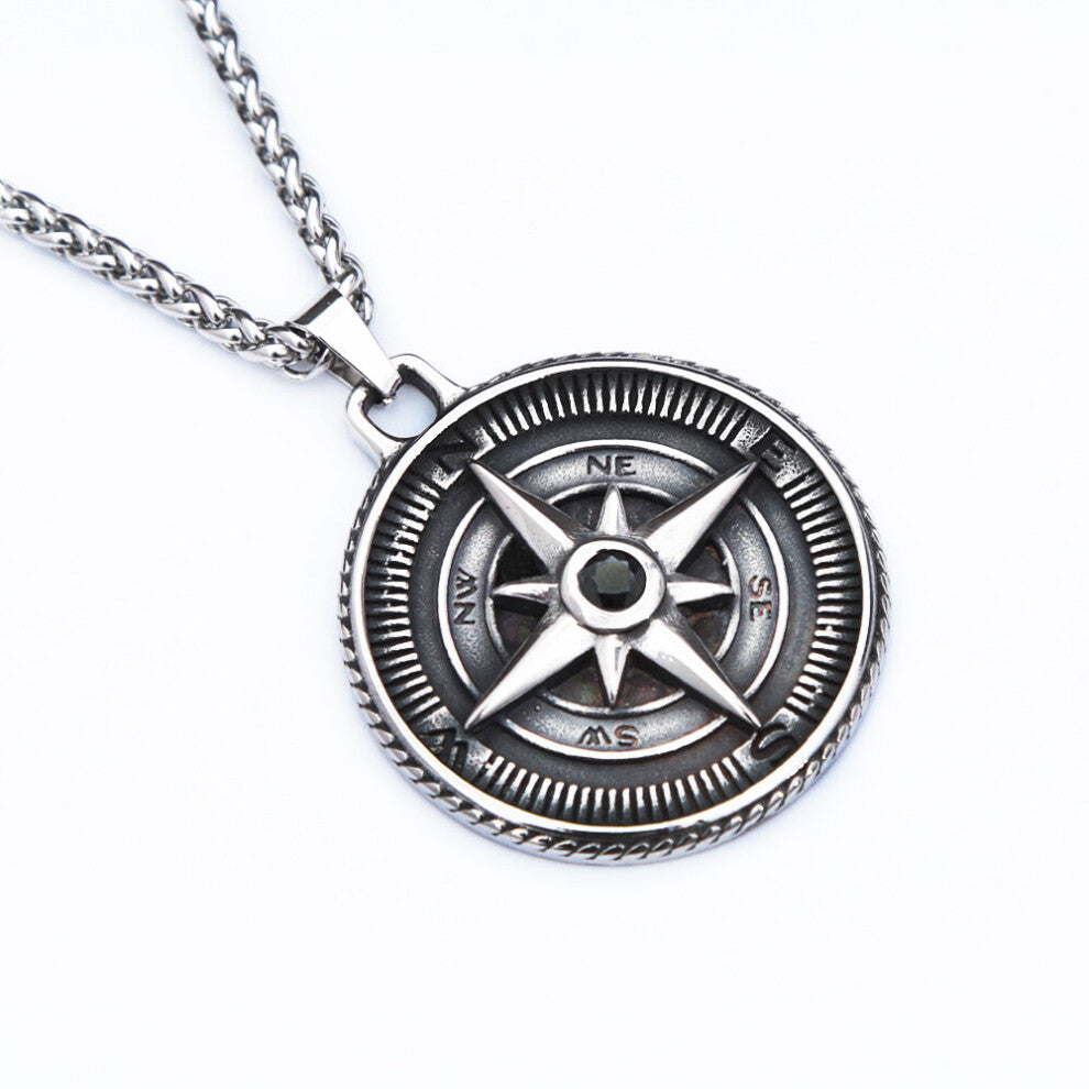 (Red, Pendant Only) Vintage Stone Compass Necklace For Men Punk Stainless Steel Biker Pendant Amulet Jewelry Gift