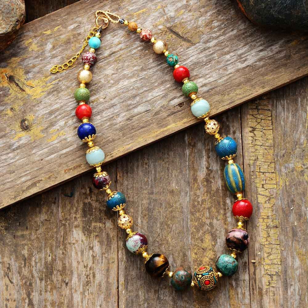 Natural Stone Charm Statement Necklace Unique Beaded Bold Ethnic Short Chokers Jewelry Dropship