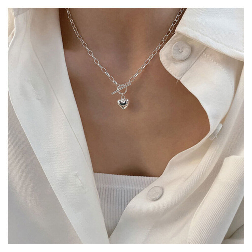925 Sterling Silver Necklace for Women Vintage Glossy LOVE Heart OT Buckle Party Jewelry