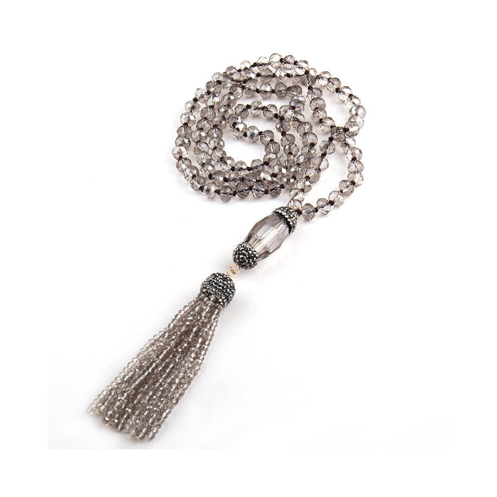 Bohemian Jewelry Grey Crystal Glass Knotted Handmake Paved Crystal Tubes Tassel Long Necklace For Women