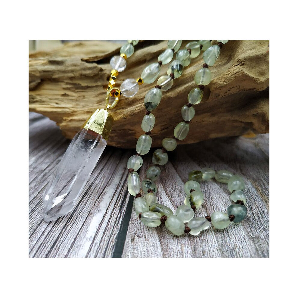 YA3868 Natural Rough Quartz Point Pendant Prehnites Stone Chips Beads Knot Necklace