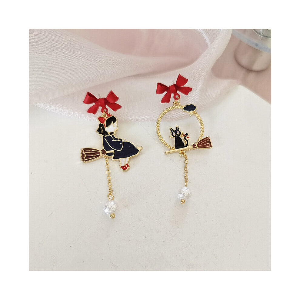 S925 Needle Bow Cartoon Character Cat Personality Creative Girl Enamel Broom Pearl Asymmetry Earrings for Women
