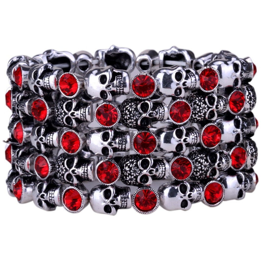 YACQ Skull Skeleton Stretch Cuff Bracelet for Women Biker Bling Crystal Jewelry Antique Silver D07