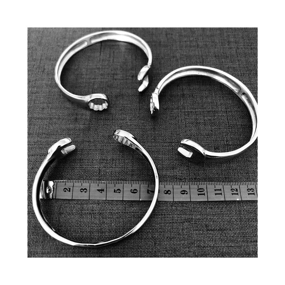 316L Stainless Steel Wrench Bangle for Men - Polished Spanner Bracelet, 7cm Diameter, Biker Style