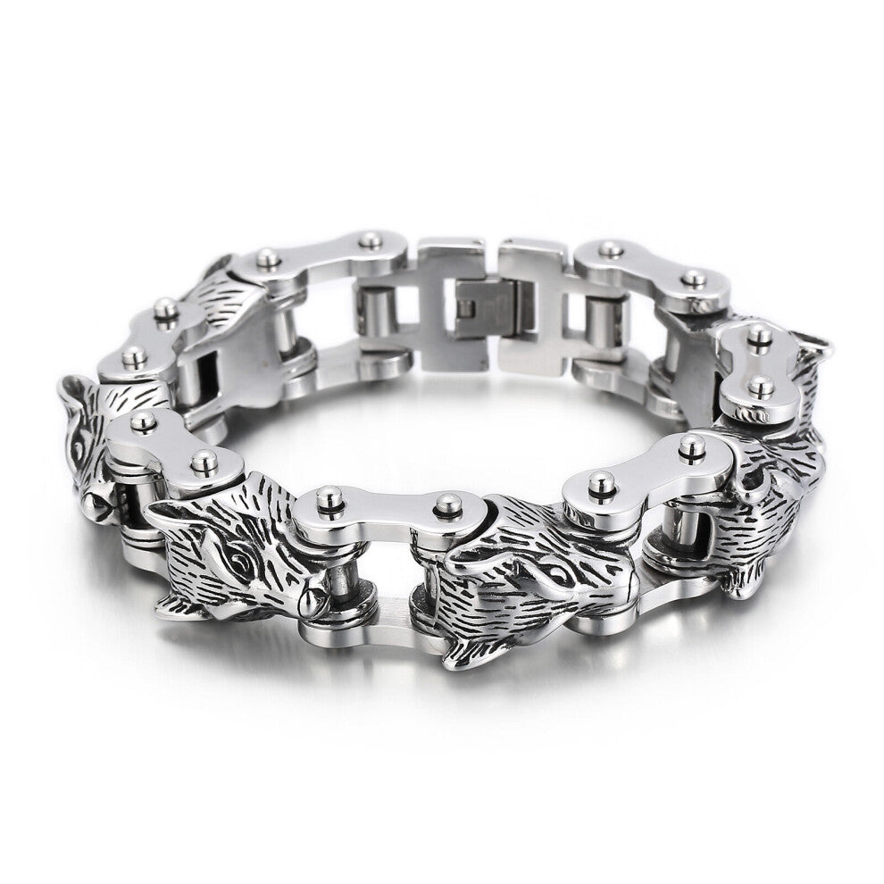 Fongten Wolf Head Motorcycle Biker Chain Men Bracelet Stainless Steel Charm Wrist Band Big Punk Bangle Bracelets Jewelry
