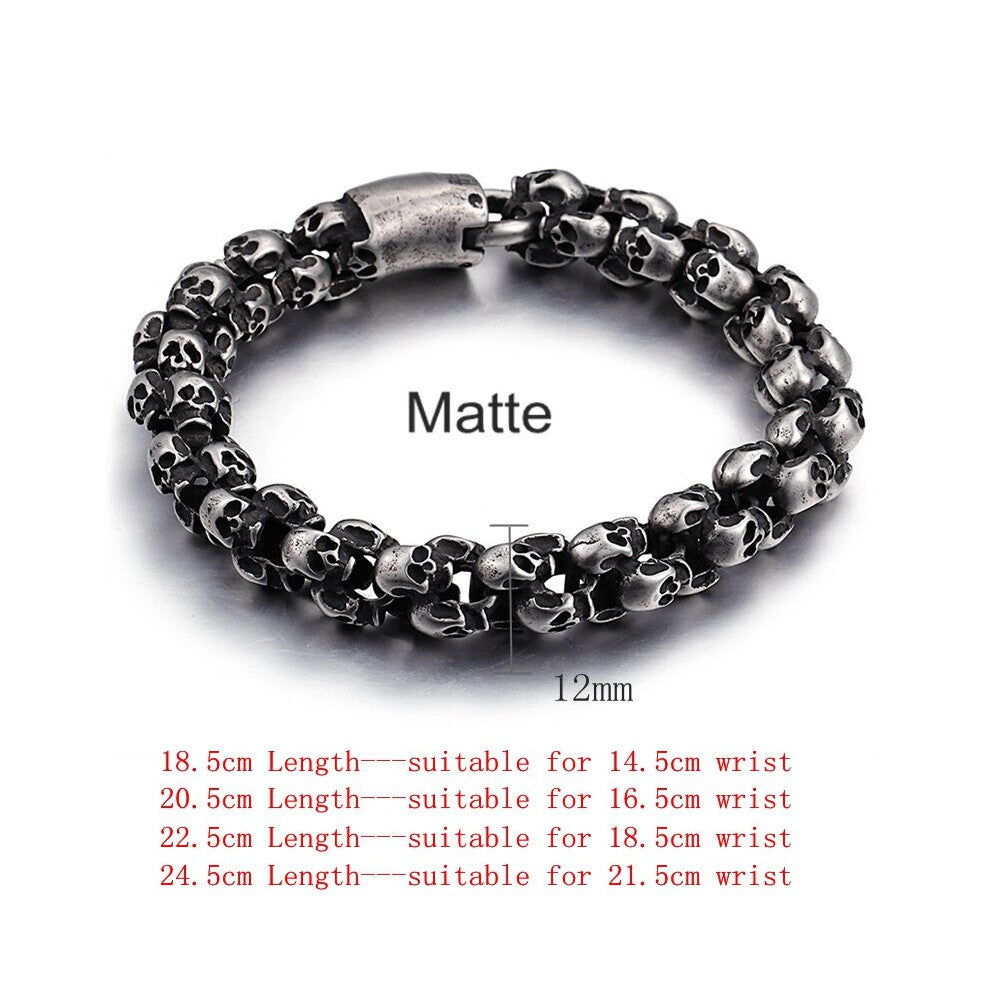 (Hot Stamping, 22.5cm) 12-15mm Evil Ghost Head Skull Chain Bracelet Men 316L Stainless Steel Punk Matte Biker Rock Demon Jewelry